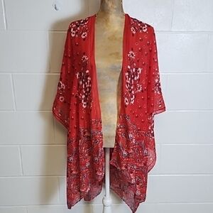 Chic Red Navy White Floral Kimono Coverup Tunic OSFA Bandana Print